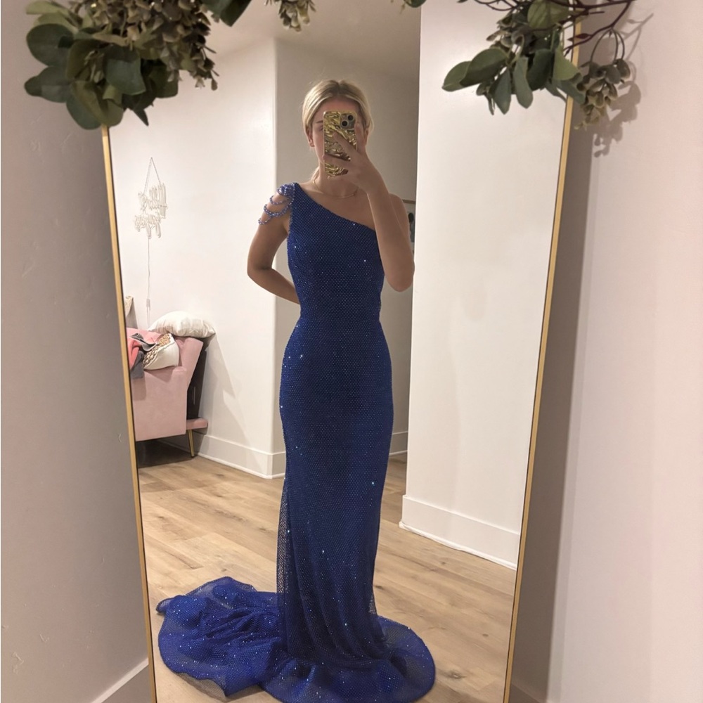 Vienna Prom Royal Blue One-Shoulder Beaded Evening Gown